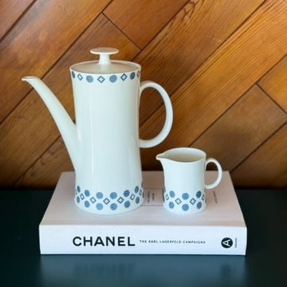 Vintage Schirnding Bavaria Coffee Pot and Creamer Set Blue Geometric MCM Post
